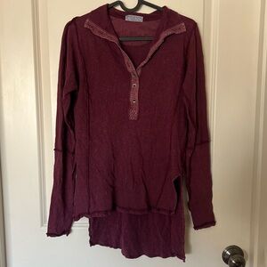 Free People Burgundy Henley Style Long Sleeve